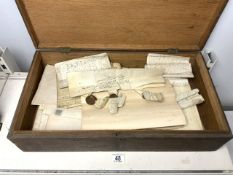 ANTIQUE LARGE BOX OF INDENTURES, MORTGAGES, DEEDS AND SEALS; 17TH CENTURY ONWARDS