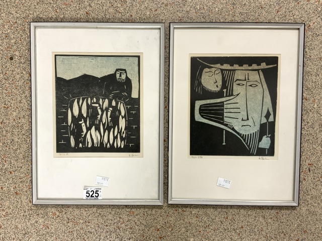 AKE HOLM 1970s WOOD CUT SIGNED PRINTS BOTH FRAMED AND GLAZED 36 X 26CM