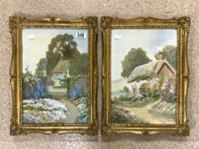 TWO OIL ON BOARDS BY R.D. SHERRIN BOTH CHOCOLATE BOX SCENES BOTH IN ORNATE GILDED FRAMES 44 X 33CM