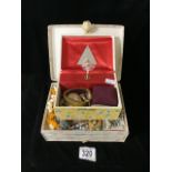 TWO JEWELLERY BOXES OF VINTAGE COSTUME JEWELLERY, WATCHES, COINS INCLUDES EXCUISITE, MERIAN,
