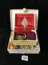 TWO JEWELLERY BOXES OF VINTAGE COSTUME JEWELLERY, WATCHES, COINS INCLUDES EXCUISITE, MERIAN,