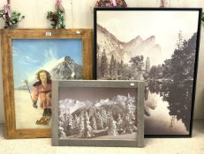 TWO PHOTGRAPH PICTURES OF MOUNTAINOUS VIEWS WITH AN OIL ON CANVAS PICTURE OF A LADY SKIING DOWN A