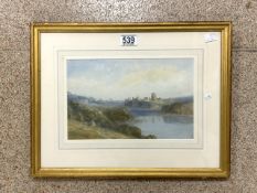 THOMAS PYNE (1843-1935) ENGLAND WATERCOLOUR OF PEMBROKE CASTLE LABEL ON VERSO FRAMED AND GLAZED 44.5