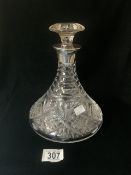 HALLMARKED SILVER NECKED CUT GLASS SHIPS DECANTER DATED 1995 BY SEARLE & CO LTD