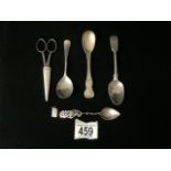 FOUR ANTIQUE HALLMARKED SILVER TEA SPOONS AND MORE