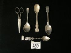 FOUR ANTIQUE HALLMARKED SILVER TEA SPOONS AND MORE