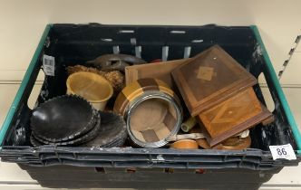 CRATE OF MIXED WOODEN ITEMS, CARVED PIECES, BOX AND MORE