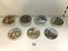 SEVEN VICTORIAN POT LIDS, FOUR WITH BASES INCLUDING 'MASTER OF THE HOUNDS AND THE SNOW DRIFT'