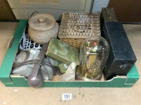 MIXED ITEMS CLOCKS, TELEPHONES, ONYX AND BASKET WORK