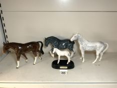 ROYAL DOULTON WHITE GLAZED HORSE (ADVENTURE) WITH TWO SYLVAC HORSES (1X A/F) AND ONE OTHER HORSE