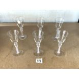 SET OF SIX TRUMPET-SHAPED WINE GLASSES WITH DOUBLE KNOPPED RED AND WHITE COTTON TWIST STEMS 17CM