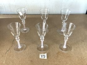 SET OF SIX TRUMPET-SHAPED WINE GLASSES WITH DOUBLE KNOPPED RED AND WHITE COTTON TWIST STEMS 17CM