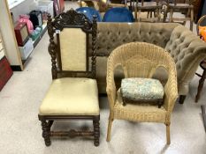 TWO VINTAGE CHAIRS AND ONE FOOTSTOOL