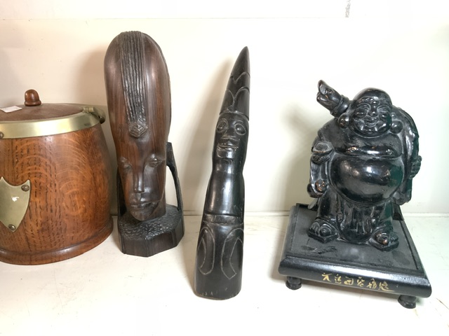 VICTORIAN OAK BISCUIT BARREL, A CHINESE CARVED FIGURE AND A QUANTITY OF TREEN - Image 2 of 5
