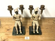 TWO BRONZE SEATED BLACKAMOORS ON MARBLE BASES 27CM