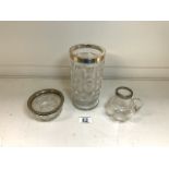 HALLMARKED SILVER RIMMED CUT GLASS CELERY VASE 18CM, HALLMARKED SILVER RIMMED GLASS SUGAR BOWL AND A