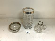 HALLMARKED SILVER RIMMED CUT GLASS CELERY VASE 18CM, HALLMARKED SILVER RIMMED GLASS SUGAR BOWL AND A