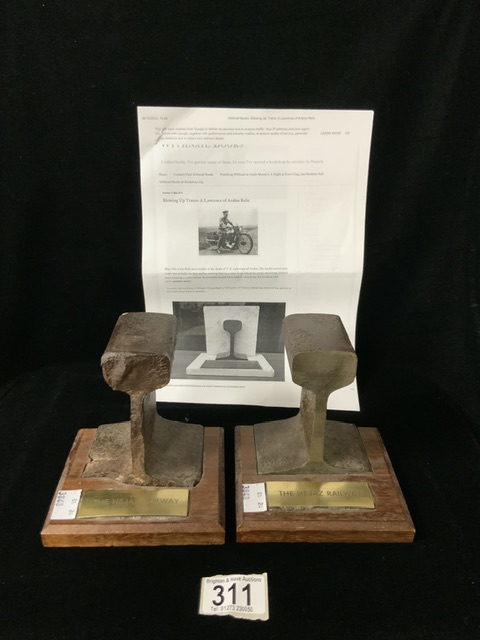 PAIR OF BOOKENDS FROM THE HEJAZ RAILWAY BLOWN UP BY LAWRENCE OF ARABIA IN 1917 THESE WERE ORIGINALLY