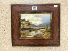 UNSIGNED PICTURE OF CATTLE BY THE RIVER WITH FIGURES FRAMED (CRAZED) 40 X 35CM