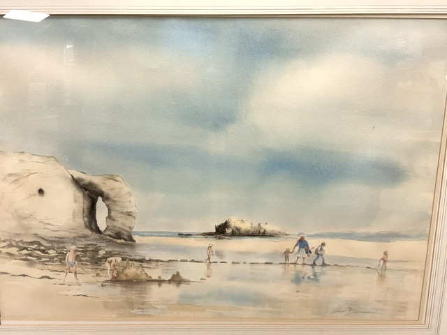 JANET DUNCAN SIGNED WATERCOLOUR TITLED STEPPING STONES AT PERRANPORTH FRAMED AND GLAZED 100 X 78.5CM - Image 2 of 5