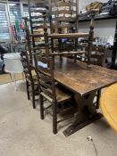 VINTAGE OAK DINING TABLE 183 X 78CM WITH SIX MATCHING LADDER BACK DINING CHAIRS WITH RUSH SEATING