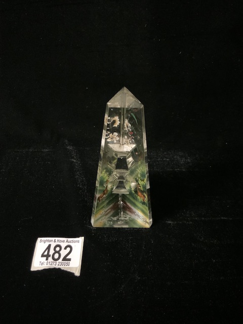 VINTAGE DECORATIVE PAINTED GLASS OBELISK 14CM