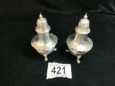 PAIR OF EDWARDIAN HALLMARKED SILVER CIRCULAR PEPPERS RAISED ON PAD FEET DATED 1905 BY JOHN ROSE