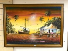 LARGE COLOURFUL SIGNED OIL ON CANVAS OF AN ISLAND SCENE FRAMED 108 X 78CM