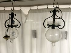 PAIR OF GLASS AND WROUGHT IRON CEILING LIGHTS