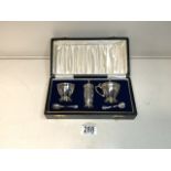 HALLMARKED SILVER CIRCULAR THREE-PIECE CONDIMENT SET WITH SPOONS, DATED 1975 BY CHICK & SONS LTD (