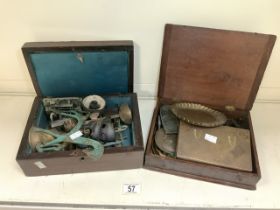 TWO WOODEN BOXES CONTAINING A QUANTITY OF INTERESTING BRASS AND BRONZE ITEMS