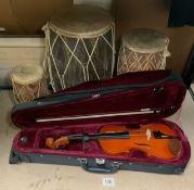 CASED STENTOR STUDENT VIOLIN WUTH A SET OF ANOMAL SKIN DRUMS