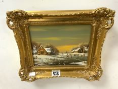 KAISER - OIL ON BOARD WINTER SCENE ICE SKATING ON A FROZED LAKE ORNATELY FRAMED 36 X 29CM