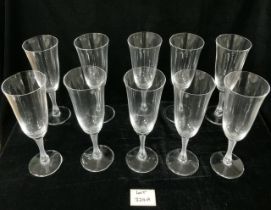 TEN LALIQUE BARSAC CHAMPAGNE GLASSES SIGNED TO BASE 19CM