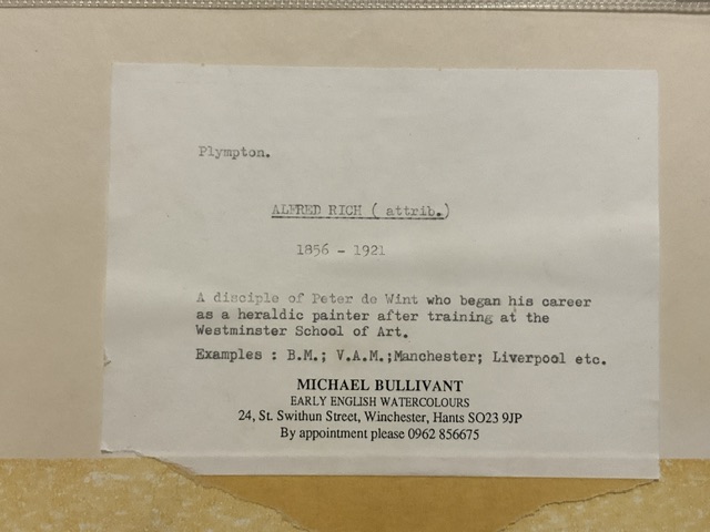 ATTRIBUTED TO ALFRED RICH; WATERCOLOUR DRAWING EXTENSIVE LANDSCAPE 'PLYMTON' LABEL ON VERSO, 12.5 - Image 4 of 5