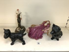 TWO CAST IRON DOGS (TERRIERS) COALPORT SLEEPING BEAUTY AND ONE OTHER