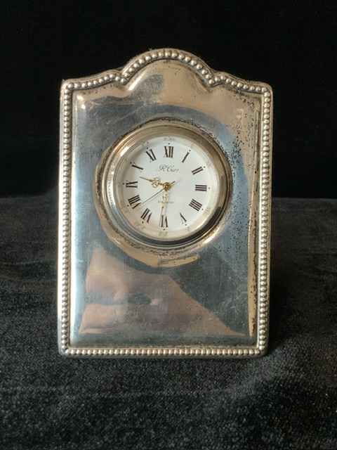 HALLMARKED SILVER FRAMED BEDSIDE CLOCK WITH CIRCULAR DIAL AND BEADED BORDER WITH QUARTZ MOVEMENT
