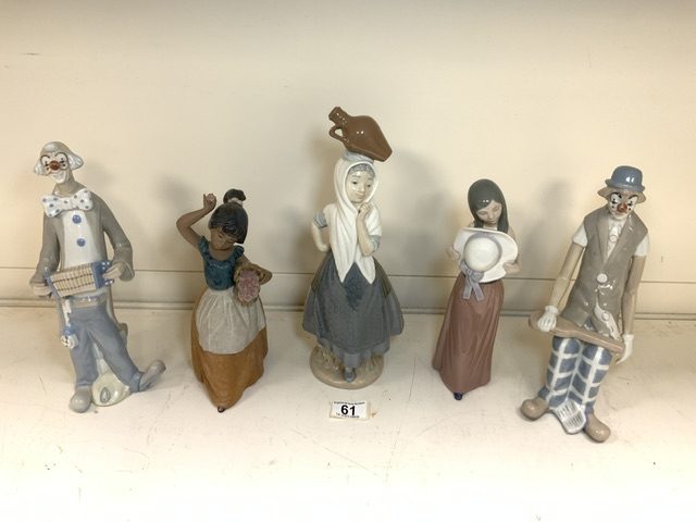 LLADRO LADY WITH HAT AND TWO NAO AND TWO CASADES CLOWNS; LARGEST 32CM