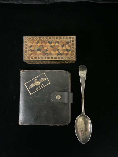 VINTAGE RAF LEATHER WALLET, TREEN BOX AND A VETERANS CLUB TEA SPOON - Image 2 of 5
