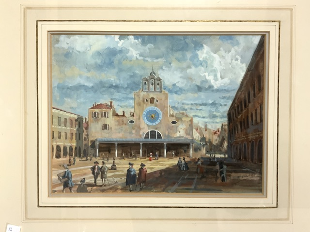 M. DANES, GOUACHE DRAWING OF A CONTINENTAL STREET SCENE WITH NUMEROUS FIGURES 'SUNNY PIAZZA', SIGNED - Image 2 of 5