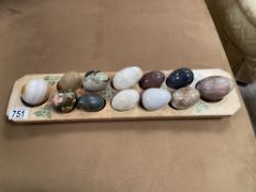 COLLECTION OF EGGS ONYX, SOAPSTONE, RUSSIAN, AGATE AND MORE