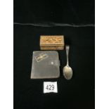 VINTAGE RAF LEATHER WALLET, TREEN BOX AND A VETERANS CLUB TEA SPOON