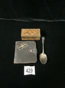 VINTAGE RAF LEATHER WALLET, TREEN BOX AND A VETERANS CLUB TEA SPOON