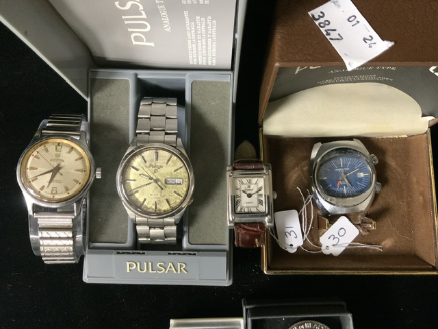 CASED WATCHES PULSAR, ROAMER, MEMOSTAR AND TWO DIAMANTE BROOCHES - Image 2 of 3