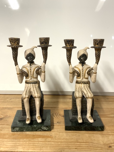 TWO BRONZE SEATED BLACKAMOORS ON MARBLE BASES 27CM - Image 2 of 4