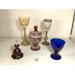 RUBY OVERLAY CUT GLASS PEDESTAL BOWL AND COVER 16CM, RUBY OVERLAY SCENT BOTTLE WITH THREE DECORATIVE