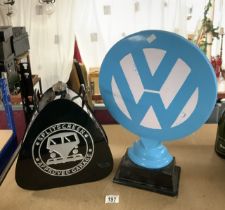 TWO VW METAL ITEMS PETROL CAN AND SIGN LARGEST 50CM