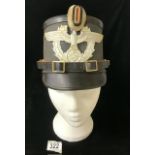 THIRD REICH NAZI GERMAN TOWN POLICE SHAKO HELMET. BLACK FIBRE CONSTRUCTION WITH FRONT AND REAR