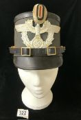THIRD REICH NAZI GERMAN TOWN POLICE SHAKO HELMET. BLACK FIBRE CONSTRUCTION WITH FRONT AND REAR