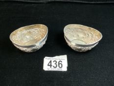 PAIR OF LATE VICTORIAN HALLMARKED SILVER EMBOSSED OVAL SALTS DATED 1899 BY JOSEPH GLOSTER 6.5CM 44
